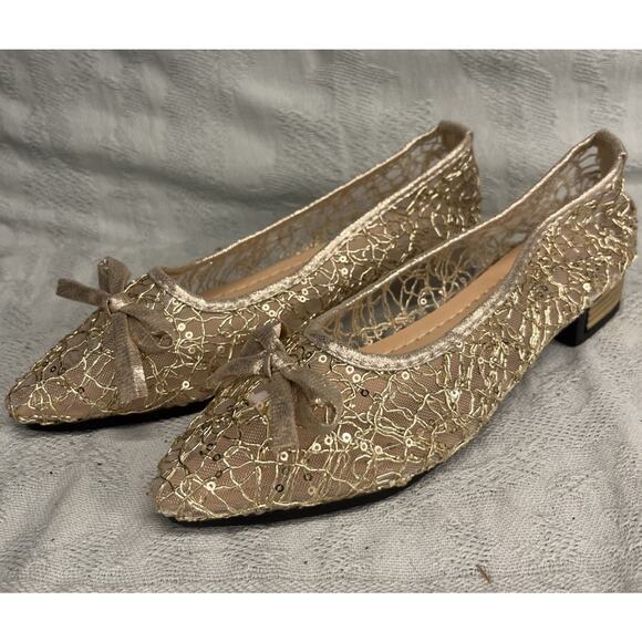 WOMAN’S SANDIEX POINTED TOE SLIP-ON SHOES Size 7.5 (38) Mesh sequin Gold tone - Picture 1 of 9